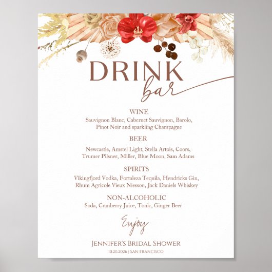 テラコッタボホブライダルシャワードリンクメニューサイン ポスター (正面)