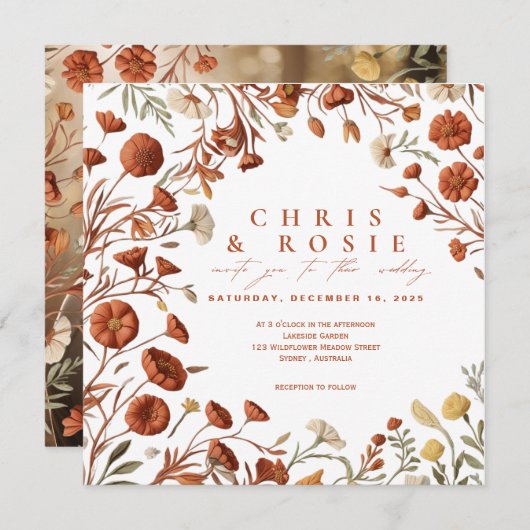 テラコッタボホワイルドフラワー結婚式招待状 招待状 (正面/裏面)