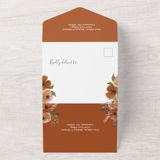 テラコッタボホ秋フローラウォーターカラー結婚ズオール オールインワン招待状 (外側)