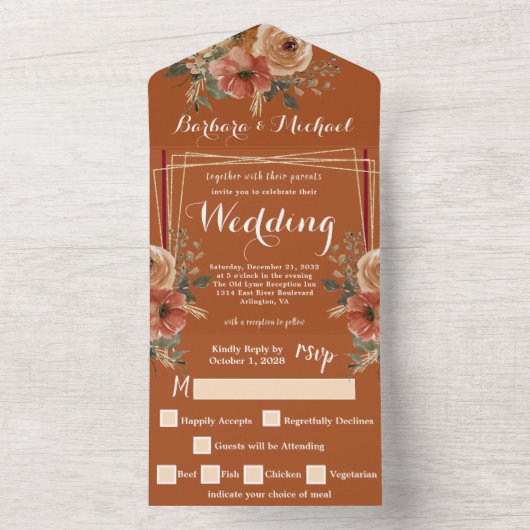 テラコッタボホ秋フローラウォーターカラー結婚ズオール オールインワン招待状 (内側)