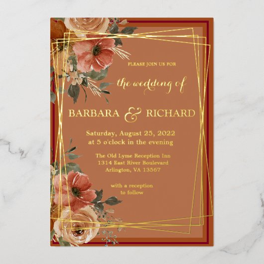 テラコッタボホ秋フローラウォーター色 箔招待状 (正面)