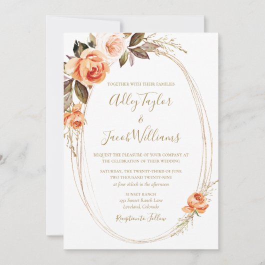 テラコッタボホ秋フローラバーンオレンジ結婚ズ 招待状 (正面)