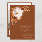 テラコッタボホ秋フローラQRコードフォト結婚ズ 招待状 (正面/裏面)