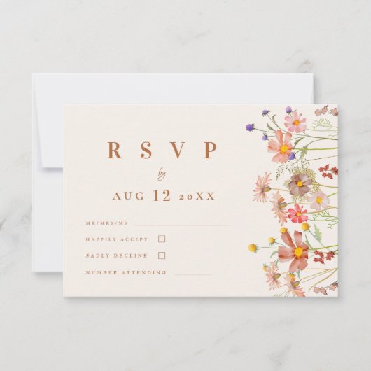 テラコッタボホ秋ワイルドフラワーフローラ結婚ズ 出欠カード (正面)