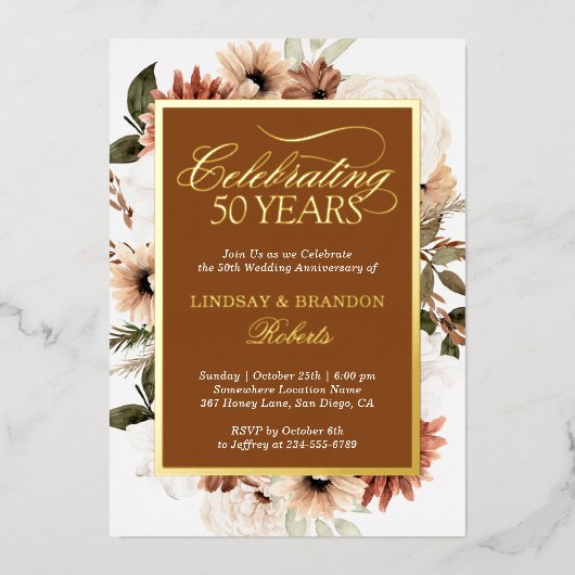 テラコッタボー結婚ホフローラ記念日金ゴールド 箔招待状 (正面)