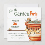 テラコッタポットと可愛いカタツムリの庭パーティー 招待状 (正面)