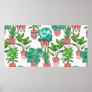 テラコッタポットウォーターカラーハウスプラントシームレス ポスター