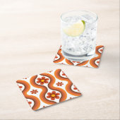 テラコッタミッドセンチュリーモダンフローラレインボーレトロ スクエアペーパーコースター (インサイチュ)