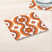 テラコッタミッドセンチュリーモダンフローラレインボーレトロ スクエアペーパーコースター (アングル)