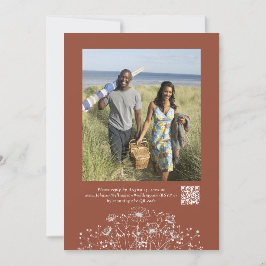 テラコッタミニマリストBoho QRコードフォト結婚ズ 招待状 (裏面)