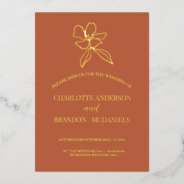 テラコッタミニマルフローラ結婚金ゴールド 箔招待状