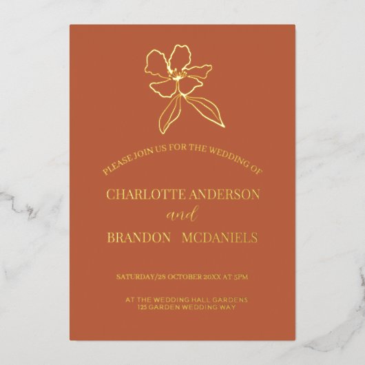 テラコッタミニマルフローラ結婚金ゴールド 箔招待状 (正面)