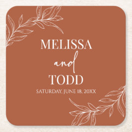 テラコッタミニマルミニマリストブランチ結婚リーフ スクエアペーパーコースター