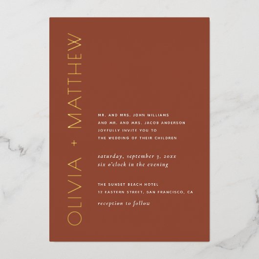 テラコッタミニマル金ゴールドタイポグラフィ秋の結婚式 箔招待状 (正面)