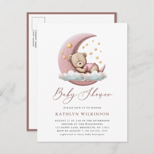 テラコッタムーンピンクテディベアーガールベイビーシャワー インビテーションポストカード (正面/裏面)