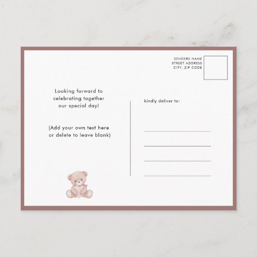 テラコッタムーンピンクテディベアーガールベイビーシャワー インビテーションポストカード (裏面)