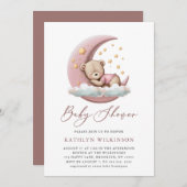 テラコッタムーンピンクテディベアーガールベイビーシャワー 招待状 (正面/裏面)