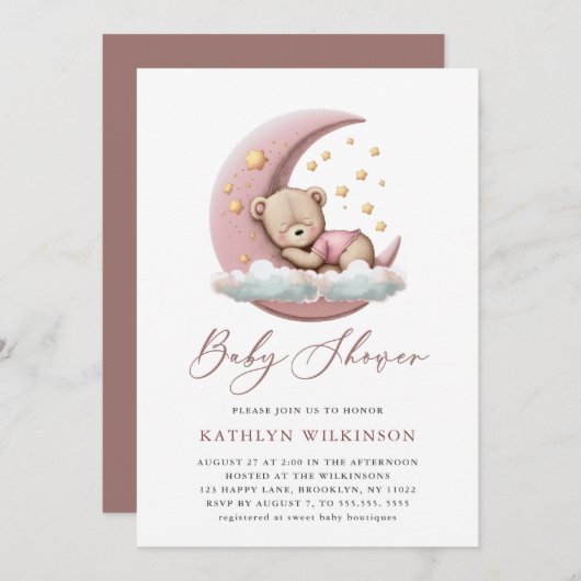 テラコッタムーンピンクテディベアーガールベイビーシャワー 招待状 (正面/裏面)