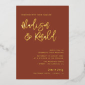 テラコッタモダンと金ゴールド結婚のホイルの招待状 箔招待状 (正面)