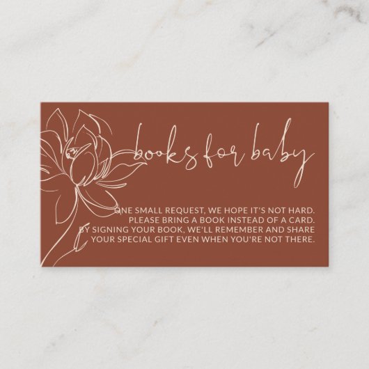 テラコッタモダンの本の要求シンプル赤ちゃんシャワー エンクロージャーカード (正面)
