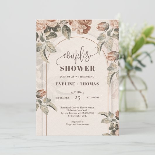 テラコッタモダンの花のセージ弓カップルのシャワー 招待状 (スタンド正面)