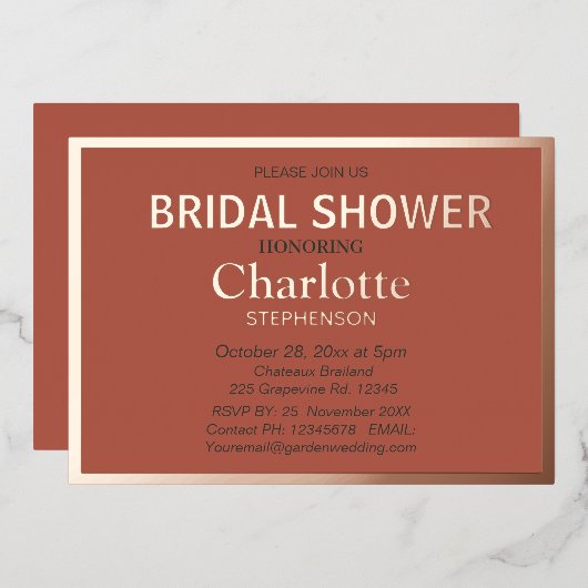 テラコッタモダンクラシックブライダルシャワーバラ金ゴールド 箔招待状 (正面/裏面)