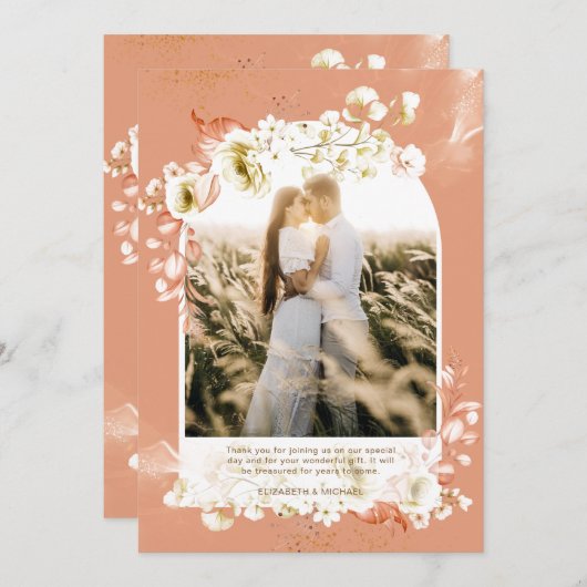 テラコッタモダンコーラルフローラ写真ありがとう サンキューカード (正面/裏面)