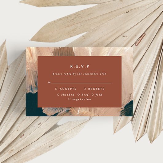 テラコッタモダンティール(緑がかった色)結婚パインターリーのR.S.V.P I 招待状