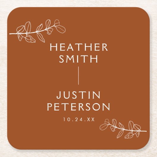 テラコッタモダンバーンオレンジボホー結婚ズナプキン スクエアペーパーコースター (正面)