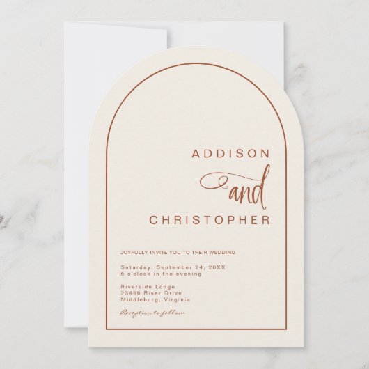 テラコッタモダンミニマリスト結婚スクリプト 招待状 (正面)