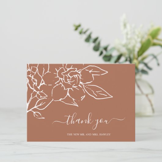 テラコッタモダンラインアートフローラエレガントな結婚式 サンキューカード (スタンド正面)