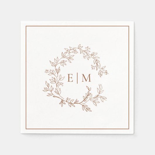 テラコッタモダンリーフィクレストモノグラム結婚ズ スタンダードカクテルナプキン (正面)