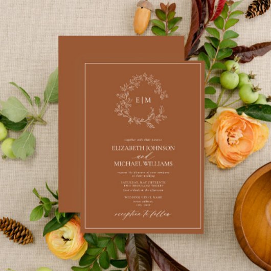 テラコッタモダンリーフィクレストモノグラム結婚ズ 招待状
