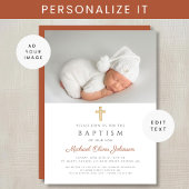 テラコッタモダン宗教十字写真バプテスマ 招待状