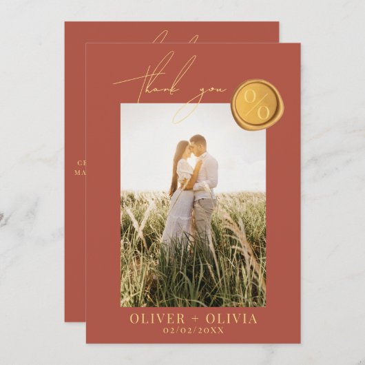 テラコッタモノグラムワックスシール結婚写真 サンキューカード (正面/裏面)