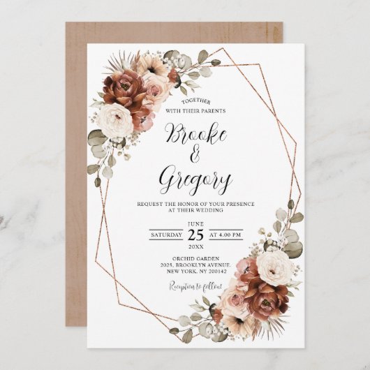 テラコッタラストパンパスグラス素朴ボホ結婚ズ 招待状 (正面/裏面)