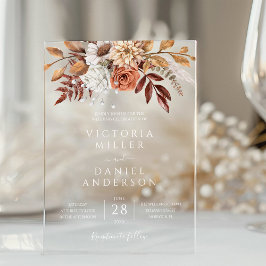 テラコッタラストフラワーズボホ秋結婚葉 アクリル招待状