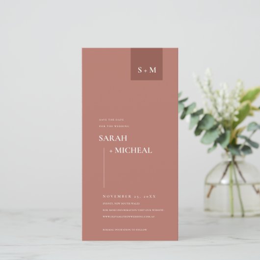 テラコッタラストモノグラムセーブ日付招待状 サンキューカード (スタンド正面)