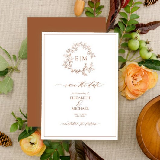 テラコッタリーピークレストモノグラム日付を保存 招待状