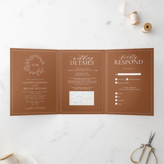 テラコッタリーピークレストモノグラム結婚ズ 三つ折り招待状 (内部)