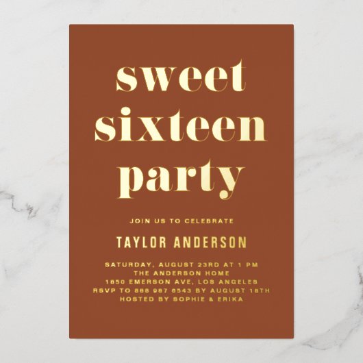 テラコッタレトロはっきりしたタイポグラフィスウィート16誕生日 箔招待状 (正面)