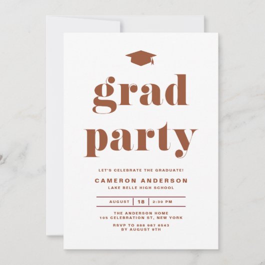 テラコッタレトロはっきりしたタイポグラフィ卒業パーティー 招待状 (正面)