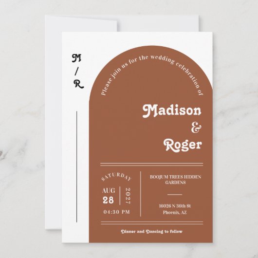 テラコッタレトロアーチフォトQRコードRSVP Groovy 招待状 (正面)