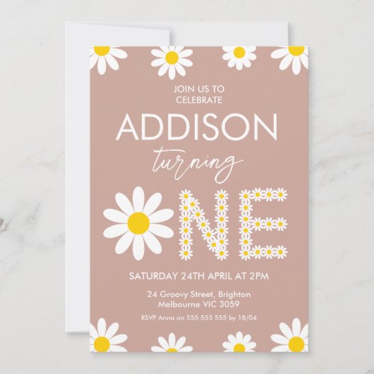 テラコッタレトロガールズデイジー1st誕生日 招待状 (正面)