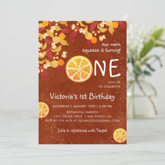 テラコッタレモンメインスクイーズ写真ファースト誕生日 招待状 (スタンド正面)