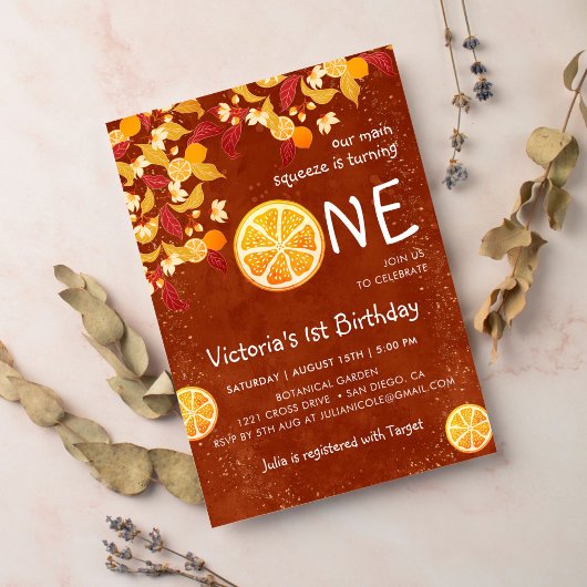 テラコッタレモンメインスクイーズ写真ファースト誕生日 招待状