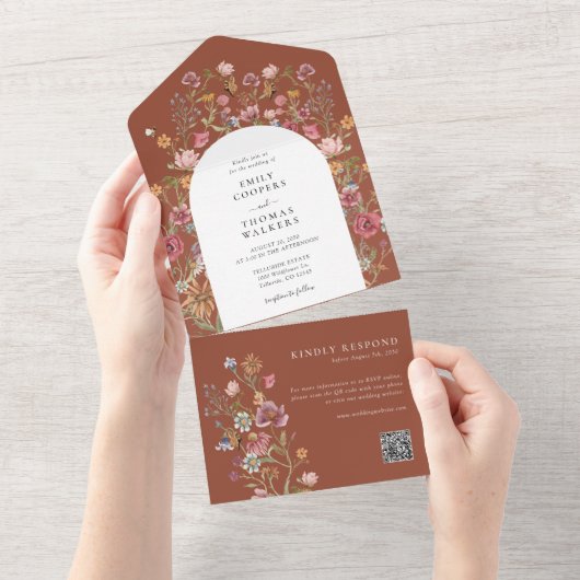 テラコッタワイルドフラワーオールインワンウェディング オールインワン招待状 (貼ってはがせる)