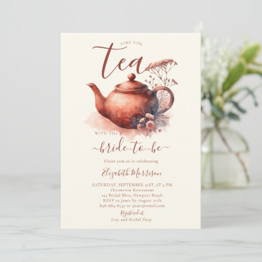 テラコッタワイルドフラワーズアートポットブライダルティーシャワー 招待状 (スタンド正面)