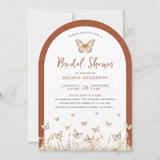 テラコッタワイルドフラワーバタフライアーチブライダルシャワー 招待状 (正面)