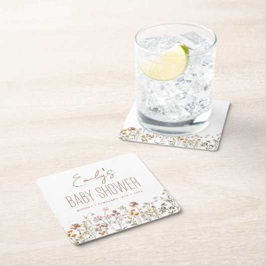 テラコッタワイルドフラワーボホーベイビーシャワーイン開花 スクエアペーパーコースター (インサイチュ)